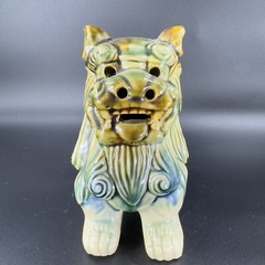 Vintage 1980s Ceramic Majolica Green Foo Dogs Set 2 Shishi Lions Good Luck vtg