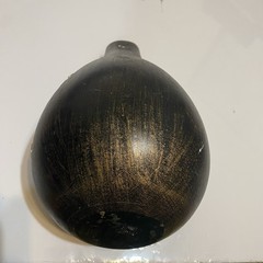 Distressed Black Carved Wood Vase with Silver Metal Floral Inlay Artisan Decor