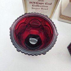Vtg Avon Cape Cod Collection 1876 Ruby Red Glass Sugar Bowl, Creamer & Gruet Lot