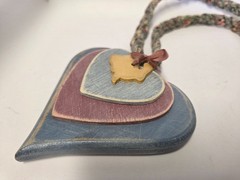 Cottagecore Blue Pink Wood Hearts Rabbit Hang Decor Braided Fabric Vtg Necklace