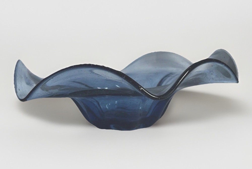 Hand Blown Art Glass Bowl – Blue Clear – Ruffled Edge – Vintage MCM – 10”
