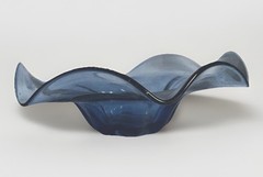 Hand Blown Art Glass Bowl – Blue Clear – Ruffled Edge – Vintage MCM – 10”