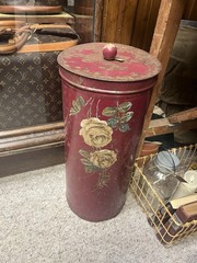 antique vintage hand painted floral metal TOLEWARE HAMPER can w/lid SHABBY CHIC