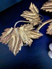 Vintage Italian Leaves Gold Gilt Tole Grapes Leaves Wall Decor MCM 16”x6.5”