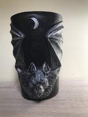 NEW NWOT GOTH BLACK SILVER 2D VAMPIRE BAT RESIN VASE HALLOWEEN DECOR