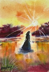 Watercolor ACEO Original Painting by Mary King – Woman – morning light