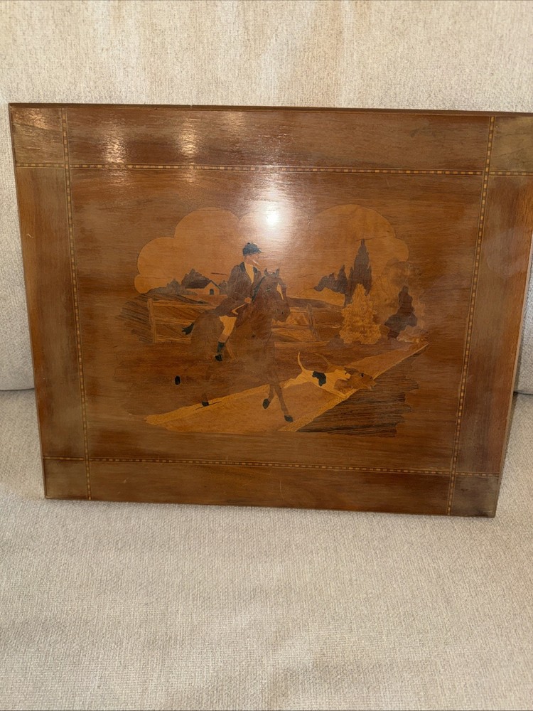 Vtg Marquetry Wood Inlay Landscape Equestrian Dog Wall Art Panel 17×14