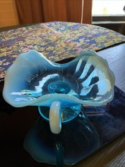 Antique 7” Dugan Glass Blue Opalescent Rayed Jane Footed Nappy Dish