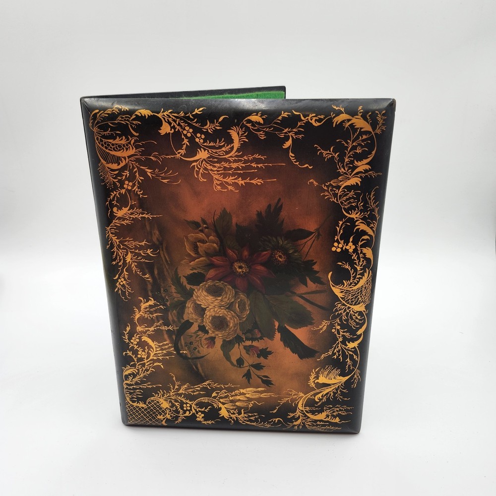Antique ART Victorian Edwardian lacquer PAPIER MACHE BOOK COVER FLOWERS