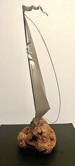 DEMOTT signed Tall Silver Metal Sail Boat Sculpture on Driftwood Base Vintage