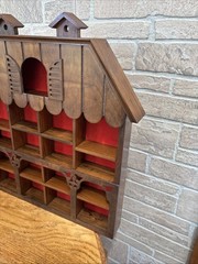 Vintage Wall Or Table Wooden House Shaped Shadowbox W/Red Backing 7 Items Total