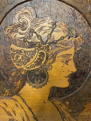 Vintage Art Nouveau Oval Wood Carved Pyrography Victorian Lady