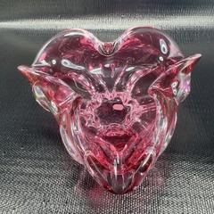 Hand Blown Bohemian Cranberry Art Glass Dish Bowl Folded Edges Original Sticker