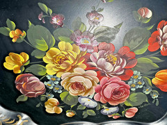 Large Vintage Black Metal Toleware Tray Hand Painted floral serving tray 25 x 20