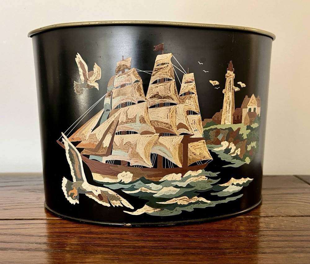 Vtg Toleware Handpainted Black Metal Mail Can Lighthose, Ship, Gulls, Sea
