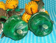 2 Unusual Vtg Enameled Metal Orange Flower Sculptures 6” Arrangement Closed
