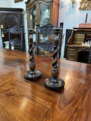Antique Style LARGE 14″ TALL Carved Wooden Barley Twist Candlesticks with Bronze