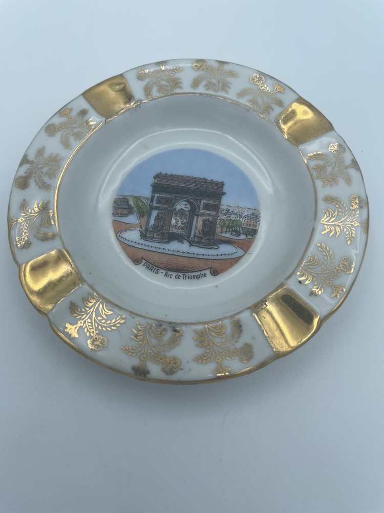 Limoges France Trinket Ashtray White with Gold Floral Design- Arc De Triomphe