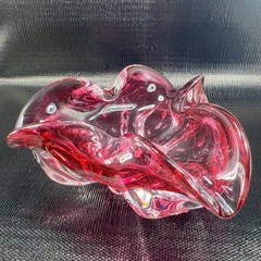 Hand Blown Bohemian Cranberry Art Glass Dish Bowl Folded Edges Original Sticker