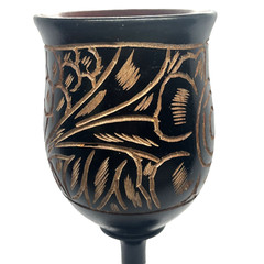 VTG Black Hand Carved Floral Stemmed Wood Goblet 7in