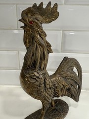 Vintage Art Nouveau Solid Brass Rooster Figurine Statuette With Red Glass Eye
