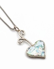 Roman Glass Big Heart Silver 925 Pendent Ancient Fragment 200 B.C. Bluish Patina