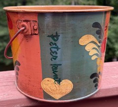 Peter Hunt Signed Painted Tin Toleware Folk Art Bucket-Rooster-Cape Cod-Anno 65