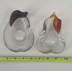 Pair Arte Murano ICET Hand Blown Art Glass Pear Shaped Bowls Dishes Purple Amber