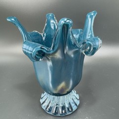 1980s Art Glass Abstract Vase Bowl Centerpiece Teal Blue Iridescent Finish Glass