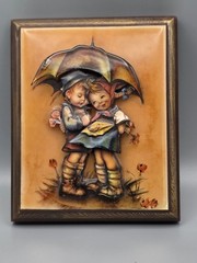 ​Vintage 3D Wall Plaque Boy and Girl Under Umbrella Decorative Art Decor