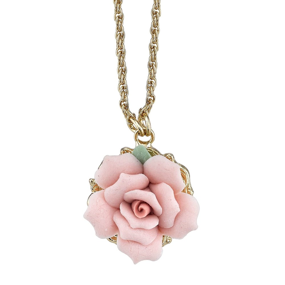 1928 Jewelry Genuine Pink Porcelain Rose Pendant Necklace 16″ + 3″ Extender