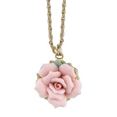 1928 Jewelry Genuine Pink Porcelain Rose Pendant Necklace 16″ + 3″ Extender