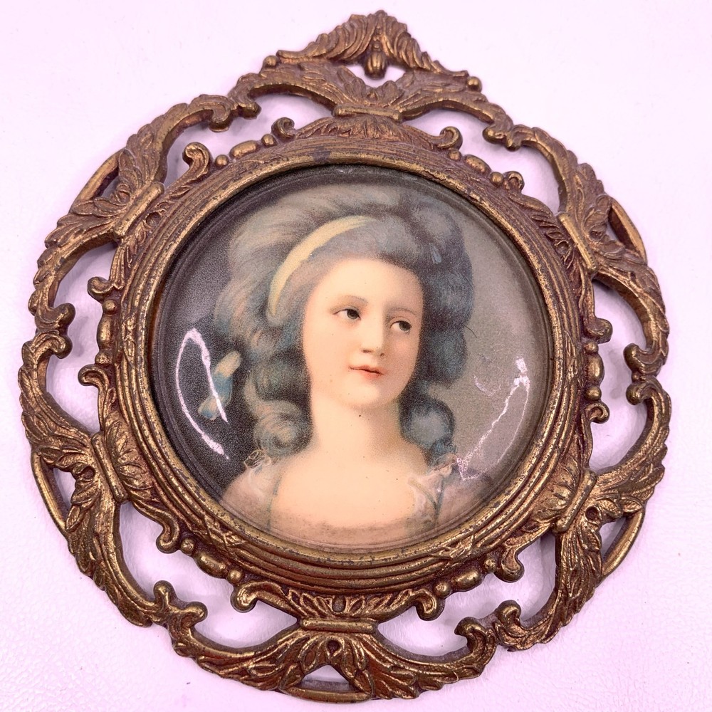 Vintage Miniature Picture Lady in Ornate Brass Frame Germany Rococo Style