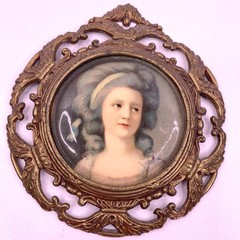 Vintage Miniature Picture Lady in Ornate Brass Frame Germany Rococo Style