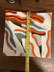 Hand Made Fused Art Glass Trinket Dish Plate Orange Gray Cream Swirl Curved