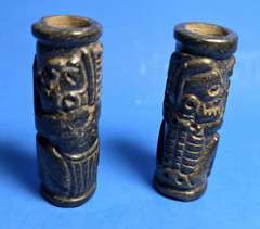 PAIR OF PRE-COLUMBIAN MAYAN SERPENTINE TUBULAR NECKLACE BEADS WITH GLYPHS