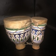 Pair ❤️ Joined Vintage Hand Painted Pottery BONGO DRUMS Retro Skin Ceramic