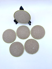VTG Toleware Metal Coasters Set 6 Gold Trim Floral Litho/Grand Millennial 3.5″