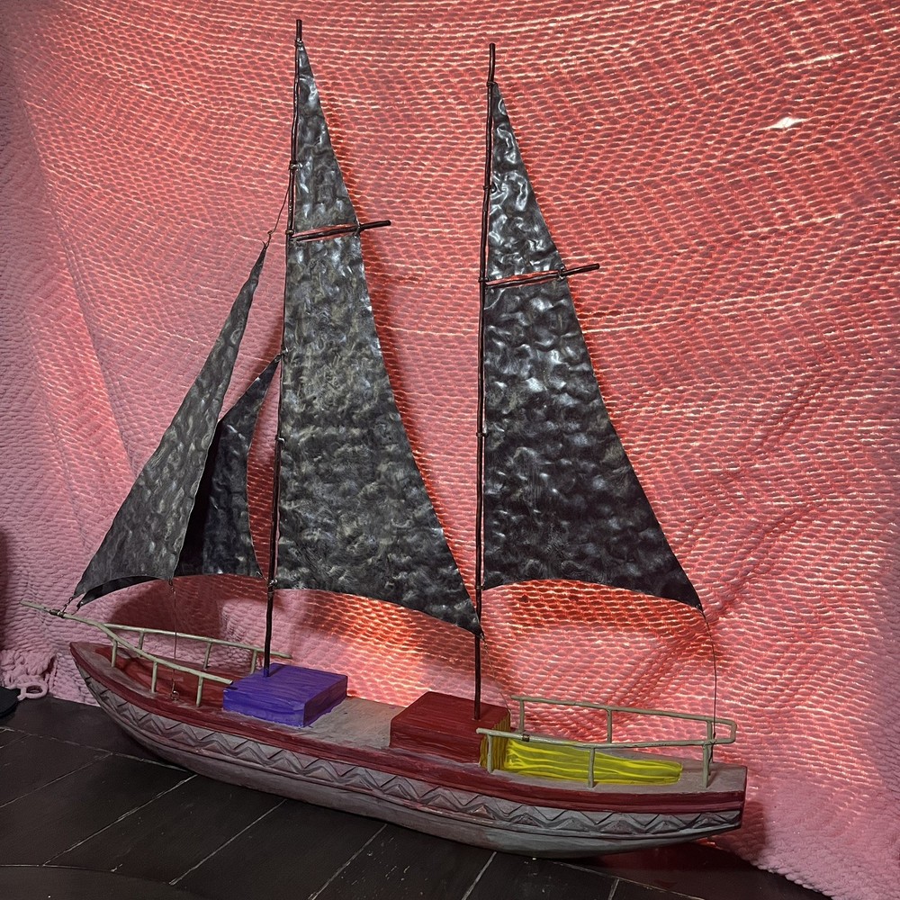 Rare Metal Brutalist Sailboat: Vintage Folk Art, Unique Metal Sailboat 30.5″x14