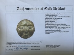 RARE AUTHENTIC PRE-COLUMBIAN GOLD & SILVER HUMAN EFFIGY MASK W/ COA, S. AMERICA