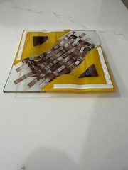 VIBRANT! Yellow Brown Square Fused Art Glass Plate 6 x 6” Jewel Tones Textured ✨