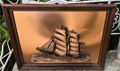 NAUTICAL, FRAMED, COPPER CLAD “3D” SHIP MODEL Victor Personette 22X16″