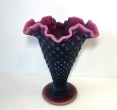 RARE Signed Fenton Deep Plum Satin Finish Hobnail 8″ Trumpet Vase