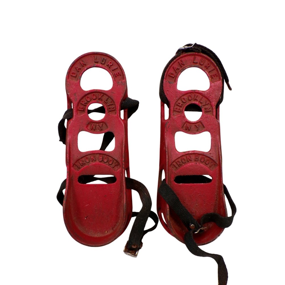 Vtg Dan Lurie Iron Boots Cast Iron Red Weight Lifting W/ Straps Art Deco NY USA