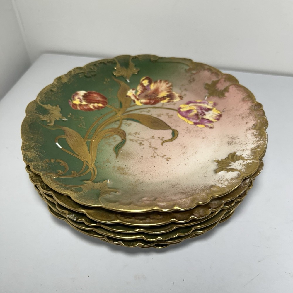 GDA Antique France Porcelain Limoges Hand Painted Tulips Green Gold Art Nouveau