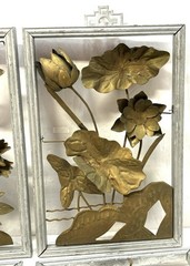 Vintage Art Deco Wall Art 3D Brass Color Tin Metal Flowers in Wooden Frames x4