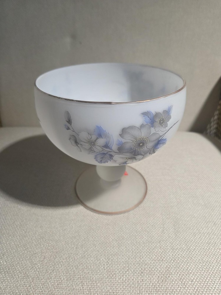 Vintage Norleans Italy Frosted Satin Glass Pedestal Compote Floral Bowl 1960s