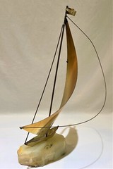 VTG Brass Sailboat Seagull Sculpture DeMott Signed Marble Quartz Base 13″