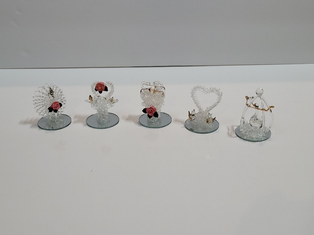 Vintage Unbranded Spun Glass Figurines on Mirrored Bases Lot of 5 Bird Theme