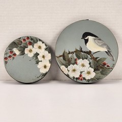 2 VTG Hand Painted Round Wood Lid Dogwood Berries Chickadee Bird Farmhouse Decor